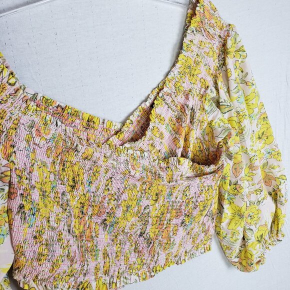 Free People East To West Smocked Top Balloon Sleeve Floral Boho Cottagecore sz M - Picture 11 of 13